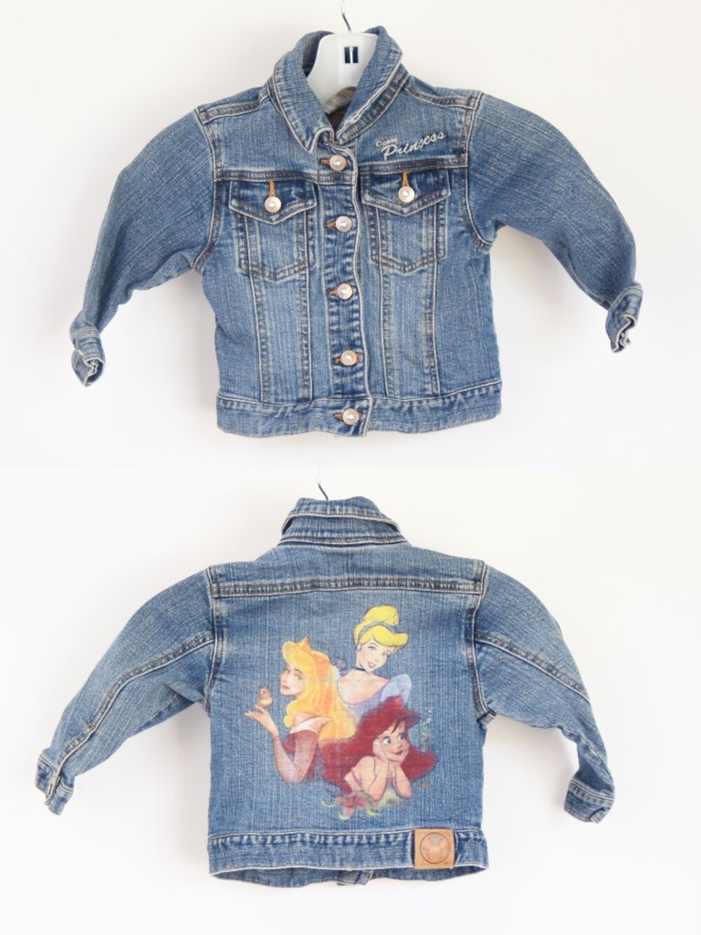 Disney Girls Princess Denim Jacket Size 2/3 XXS Ariel Cinderella Aurora Y2K